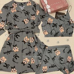 Home Clothing Women Dressing Gown Pajamas Bra Robe Set Animal Print Satin Silk Sleepwear Fashion Faux Bathrobe Female Casual Nightwear Pants