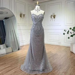Party Dresses Serene Hill Arabic Sliver Strapless Mermaid Luxury Beaded Pearls Crystal Evening Gowns For Women 2024 LA72432