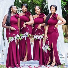Hand Made Flower Mermaid Bridesmaid Dresses Side Split One Shoulder Maid Of Honour Gowns Plus Size Wedding Guest Dress 285R