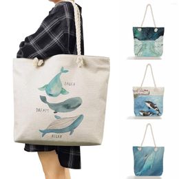 Evening Bags High Capacity Travel Beach Cute Whale Girl Printed Handbags Linen Women Tote Eco Shopping Bag Sea Series Shoulder