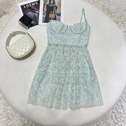 Casual Dresses 2024 Women Fashion Sleeveless Tube Top Mint Green Water Soluble Lace Rhinestone Suspender Dress 0321