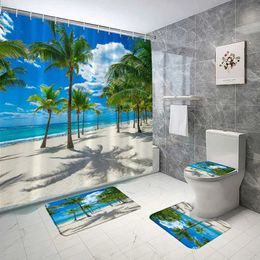 Shower Curtains 4 pcs Seaside Beach Shower Curtain Rug Set Blue Sky Ocean Coconut Tree Tropical Nature Landscape Bath Curtain Bathroom Decor Set