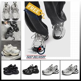 High rise popular thick soled dad shoes women new China-Chic lace-up Sneaker sliver mixed Colour leather couple spring summer 2024 Classic Silver Thick Sole