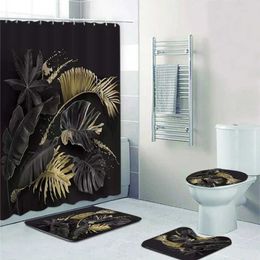 Shower Curtains Tropical Leaves Shower Curtain Sets Black Gold Monstera Palm Leaf Plants Bathroom Decor Non-Slip Rug Bath Mats Toilet Lid Cover