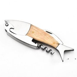 newCute Fish Shaped Wine Opener Wood Handle Professional Metal Openers Multifunction Portable Screw Corkscrew Wine Bottle Opener E1580069