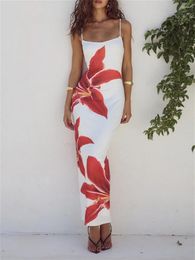 Casual Dresses Fashion Printed Spaghetti Backless Maxi Dress Women Slim Elegant Contrast Patchwork Long Summer Sundress