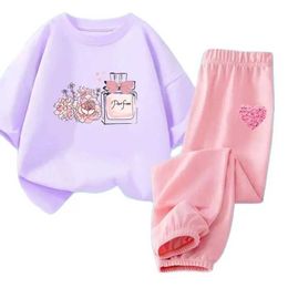 Clothing Sets 3-14T girls clothing suit summer girls perfume short sleeved T-shirt+pants suit childrens track suit childrens suitL2405