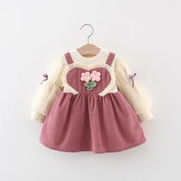 Girl Dresses Spring And Autumn Girl's Fake Two Piece Long Sleeved Dress With 3D Woollen Flower Corduroy Bubble Sleeve
