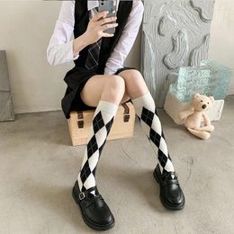 Women Socks Internet Celebrity Calf Jk Cotton Rhombus White Tube Japanese-Style Retro Stockings Ins Trendy Knee-Length