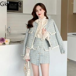 Work Dresses GkyocQ Korean Fashion Elegant Blue Two Piece Skirt Sets O Neck Long Sleeve Short Tweed Jacket High Waist Asymmetrical