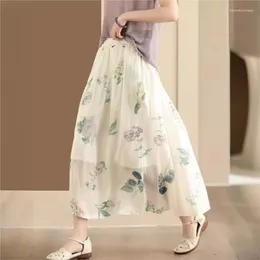 Skirts Johnature Women Vintage Print Floral A-Line 2024 Summer Elastic Waist High Quality Ramie Chinese Style Casual