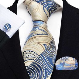 Neck Tie Set Blue Gold Floral Neck Tie For Men Luxury 8cm Wide Silk Wed Business Ties Pocket Square Cufflinks Set Men Accessories Gravata