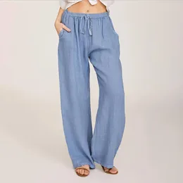 Women's Pants Women Blue Cotton LInen Long Elastci High Waist Drawstring Pockets Wide Leg Sport Yoga Casual Trousers Pantalones De Mujer