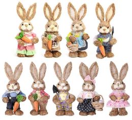 12 inch Artificial Straw Rabbit Ornament Standing Bunny Statue with Carrot for Easter Theme Party Home Garden Decor Supplies 210915673560