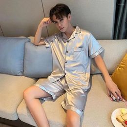 Home Clothing Solid Color Pajamas Men's Summer Silk Pajama Set With Short Sleeve Shirt Elastic Waist Shorts Single Breasted Design For Men