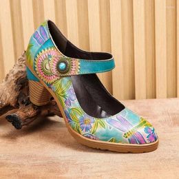 Dress Shoes Johnature Hand-painted Women's Fashion High Heels 2024 Vintage Flower Pumps Round Toe Hook & Loop Ladies