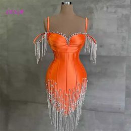 Basic Casual Dresses Orange Mermaid Short Ball Dress Luxury Crystal Tassel Mini Cocktail Dress Black Girl Graduation Party DressL2405