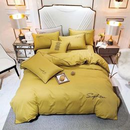 Bedding Sets 30 Luxury 40S Egyptian Cotton Set Solid Colour Embroidery Bed Duvet Cover Sheet Spread Flat Pillowcases