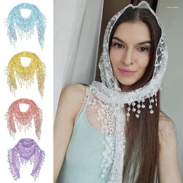 Scarves Elegant Women's Floral Lace Triangle Scarf Shawl Female Hollow Tassel Long Veil Summer Sunscreen Neckerchief Fringed Headscarf