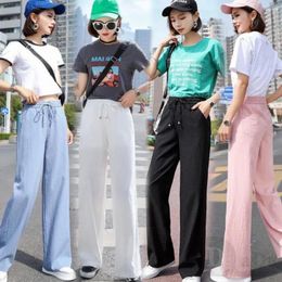 Women's Pants 2024 Summer Slim Fit Small Casual Straight Leg Fashionable Ice Silk High Waist Drooping Feeling White Wide
