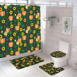 Shower Curtains Watercolor Pumpkin Sunflower Fall Curtain Set Autumn Thanksgiving Day Harvest Leaves Bathroom Decor Bath Mats Toilet Rug