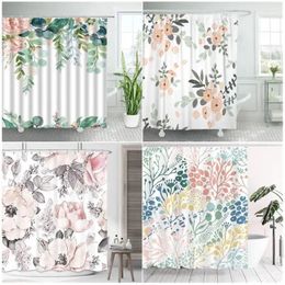 Shower Curtains Pink Floral Dandelion Watercolour Flowers Green Plants Leaves Home Decor Bathroom Fabric Bath Curtain With Hooks