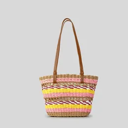 Evening Bags Bohemian Square Summer Staw Shoulder Bag Casual Woven Handle Patchwork Handbags Women's Beach Bucket