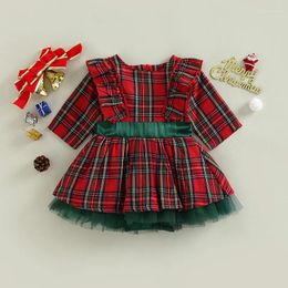 Girl Dresses Kids Toddler Baby Christmas Outfits Ruffle Tulle Long Sleeve Crewneck Plaid Print A-line Dress Loose Clothes