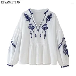 Women's Blouses KEYANKETIAN 2024 Launch Bohemian Holiday Wind Embroidery Decoration Shirt Lantern Sleeve Pullover Loose Top