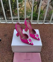 Fashion Season Amina Muaddi Shoes Pink Begum 95 Satin Slingback Pumps Crystal High Heels Real Photos6251380