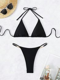 Women's Swimwear XS - L Halter Metal Chain Mini Thong Bikini Female Swimsuit Women Two-pieces Set Bather Bathing Suit Swim K5295