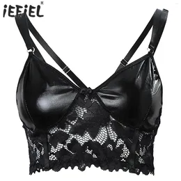 Women's Tanks Womens Black Latex Tank Tops PU Leather Lace Patchwork Camisole Adjustable Spaghetti Straps Hollow Out Crop Vest Cami Top