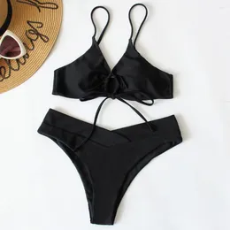 Women's Swimwear Lace-up Bra High Waist Briefs Set Bikini With Padded Split Design Sexy Solid For Beach