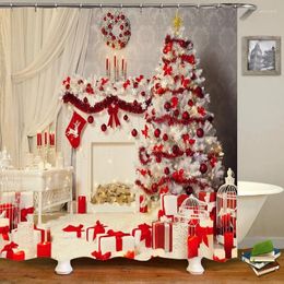 Shower Curtains Christmas Tree Red Snowflake Gift Decoration Bathroom Four-piece Digital Printing Curtain Decorative