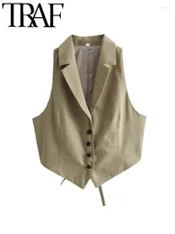 Women's Tanks GAL 2024 Summer Faux Linen Women Sleeveless Blazer Vest Buttons Bow Tied Back Slim Female Crop Top Y2K Jacket