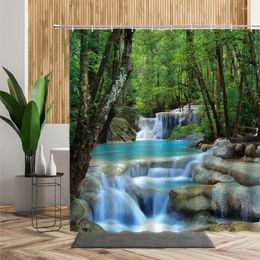 Shower Curtains 3D Waterfall Scenery Bathroom Curtain Forest Trees Stone Lake Landscape Home Bath Decors Hanging For Living Room