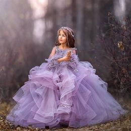 Modest Wed Purple Flower Girls Dresses For Weddings Tulle Elastic Satin Floor Length Ball Gown Pageant Dresses For Girls 323Z