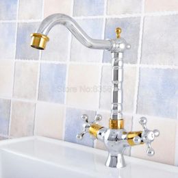 Kitchen Faucets Chrome & Gold Colour Brass Bathroom Sink Faucet 360 Degree Swivel Spout Double Cross Handle Basin Mixer Tap Tsf812