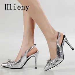 Dress Shoes Hlieny 2024 Silver Thin High Heels Women Pumps Fashion Pleated Sandals Back Buckle Strap Party Pointed Toe Prom