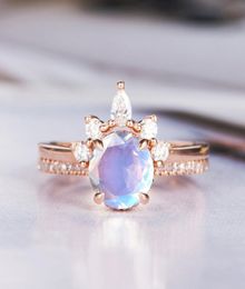 Moonstone Engagement Ring Rose Gold 925 Silver Eternity Bridal Set Antique Curved Half Halo CZ Stone Band Wedding Jewelry9966834