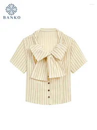 Women's Blouses French Elegance Classical Stripe Shirts Simple Solid Turn-Down Collar Basic Casual Bow Crops Top Mori Girl Preppy Style