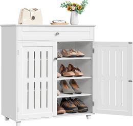 Wood Shoe Cabinet Rack with 1 Big Drawer 4 Storage Shelves 2 Louvred Door 240506