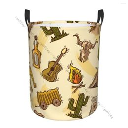 Laundry Bags Basket Round Dirty Clothes Storage Foldable Wild West Cowboy With Guitar Cactus Bottle Waterproof Hamper Organiser