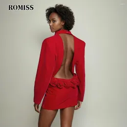 Women's Suits ROMISS Solid Backless Patchwork Appliques Blazers For Women Shawl Collar Long Sleeve Spliced Single Breasted Blazer Female