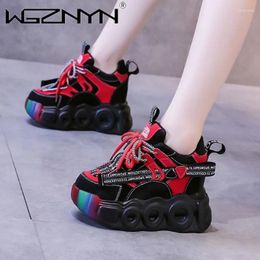 Casual Shoes Chunky Leather Sneakers Women 2024 Autumn Hidden Heel Platform Sports Dad Woman Lace Up Colourful Winter 10CM