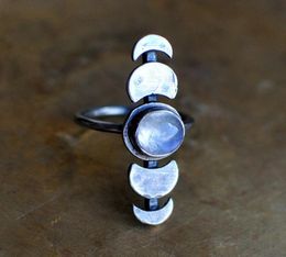 Retro Moon Phase Ring Cycle Ladies Imitate Moonstone Crystal Silver Color Creative Jewelry Cluster Rings5399593