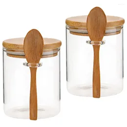 Storage Bottles 2pcs Glass Tea Jar Clear Canisters With Spoon Lid Holder For Bulk