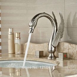 Bathroom Sink Faucets Ly Swan Shape Bath Faucet Basin Nickel Brushed 3Pcs Mixer Tap Dual Handles