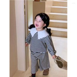 Clothing Sets Girls Striped Baby Fashion Casual Thin Section Suit Spring Autumn Children Lapel Top Pants Two-Piece Set 2-8 Years Old