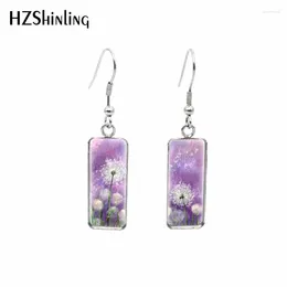 Dangle Earrings 2024 Dandelion Painting Rectangular Earring Flower Art Pattern Glass Hook Jewelry Gifts Women